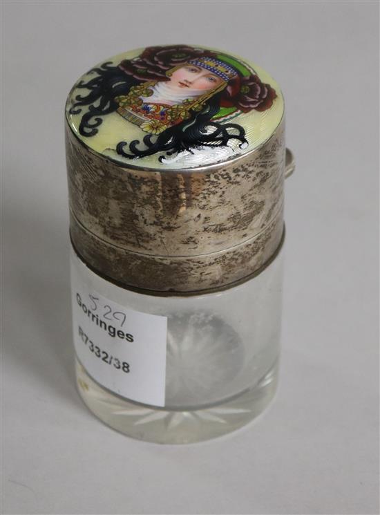 An Edwardian silver and enamel lidded salts jar, import marks for Heinrich Levinger, Birmingham, 1901, 9.8cm.